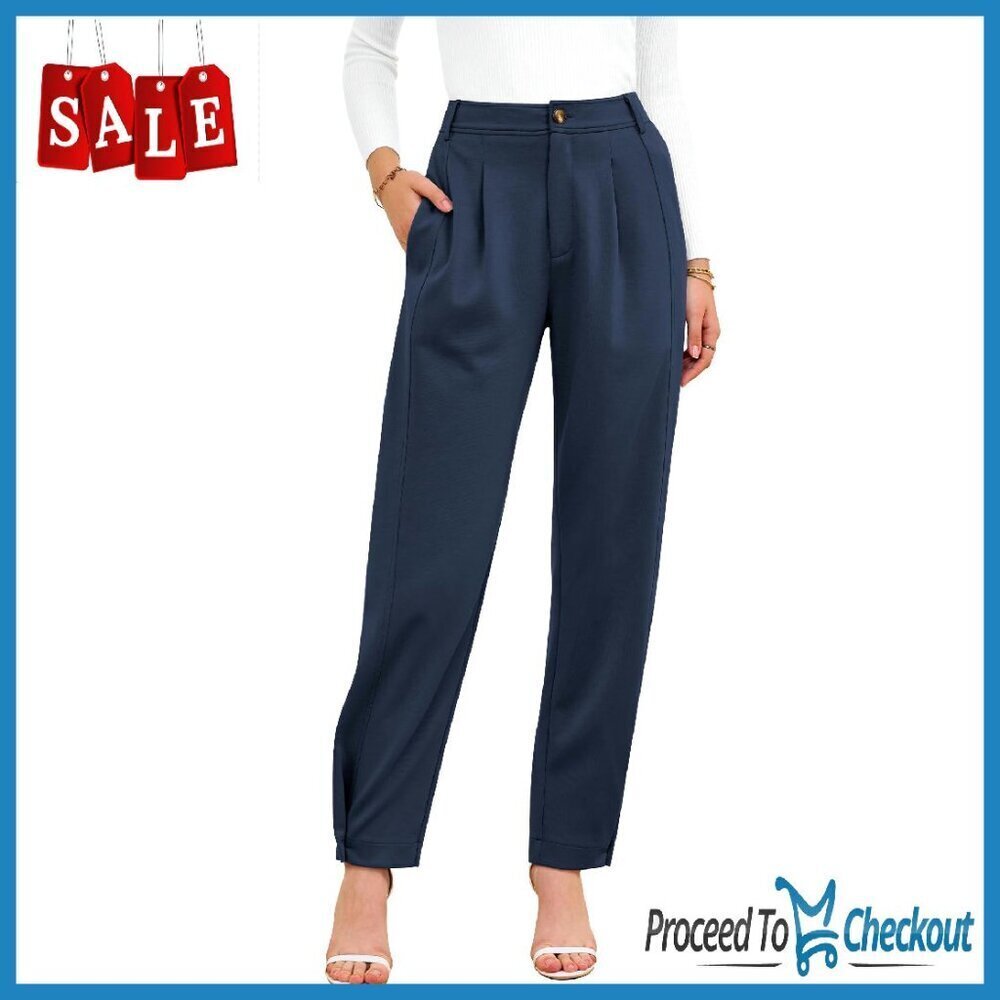 High Waist Elastic Dress Pants Tapered Work Trousers Side Pockets